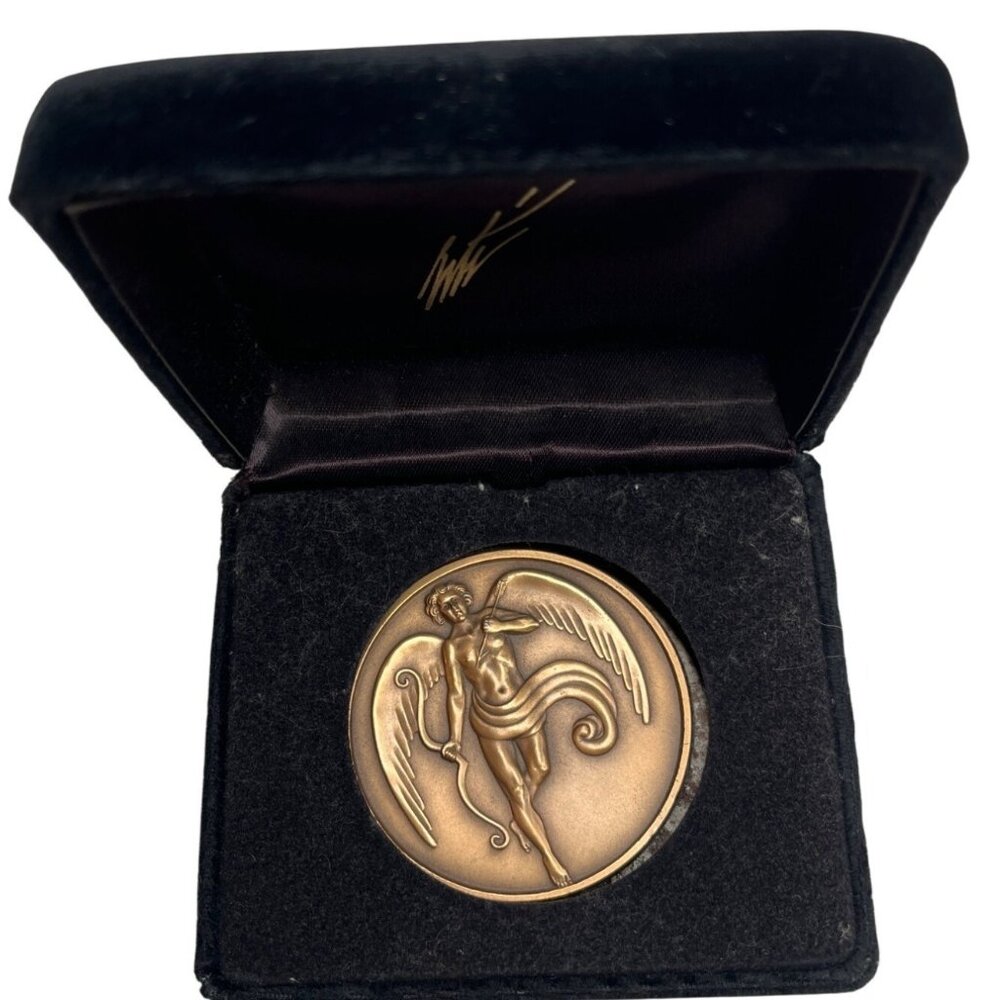 Bronze Angel Medal In Velvet Case With Detailed Design Round Keepsake 2 Inches